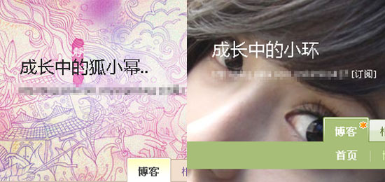 左：杨幂的博客名“成长中的狐小幂” 右：罗震环的博客名“成长中的小环”