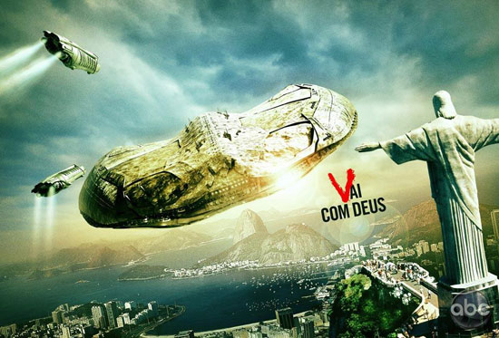 ABC电视台出品新复刻科幻剧集《V》第1季的6张无水印大尺寸海报，海报中的外星飞船非常酷，喜欢的同学可以自己弄下来当做墙纸使用。